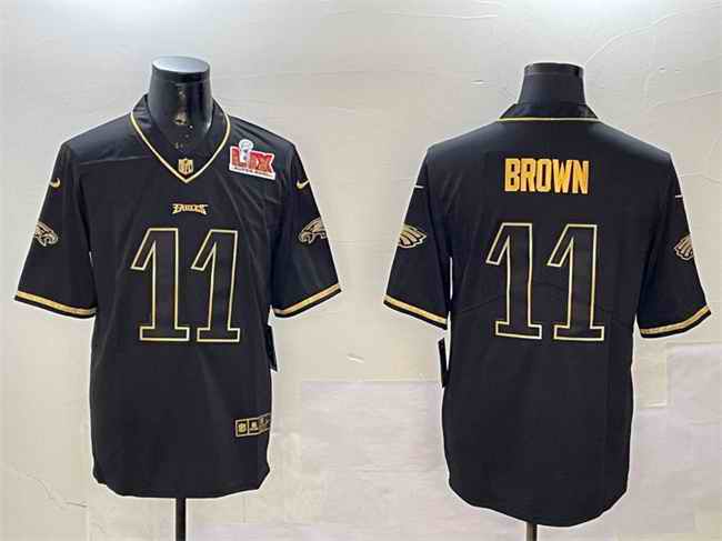 Men's Philadelphia Eagles #11 A. J. Brown Black/Gold 2025 Super Bowl LIX Patch Vapor Untouchable Limited Stitched Football Jersey